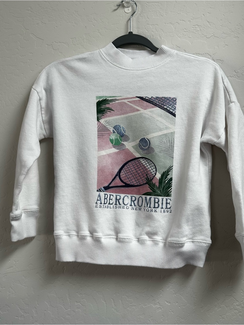 abercrombie kids White Crewneck Sweater with Pink & Green Tennis Graphic